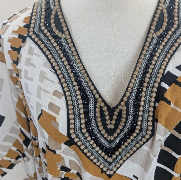 Dennis Basso Women's Size Small Abstract V-Neck Tunic in Black, Brown, and White - Picture 5 of 12